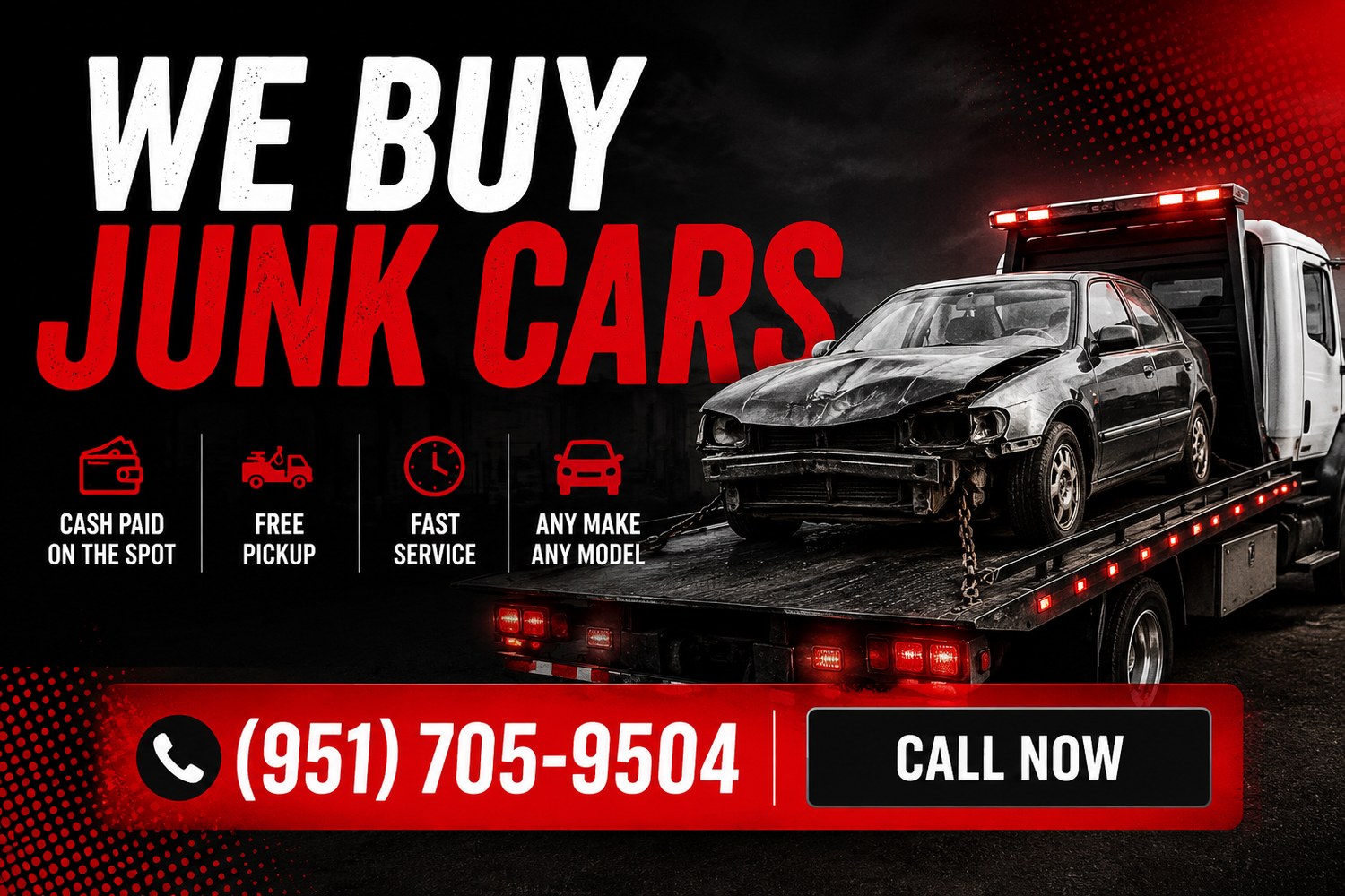 We buy junk cars - cash paid on the spot, free pickup, fast service, any make any model